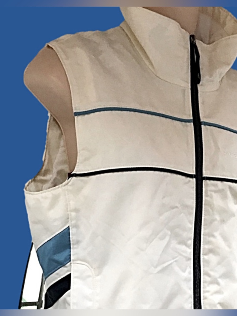 Race Marine Vest White Sleeveless Zip Front Vest with Blue & Black Piping